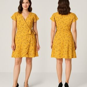 Allegra K Wrap Dress Size M Yellow Floral Short Sleeve Summer Casual Fit & Flare
